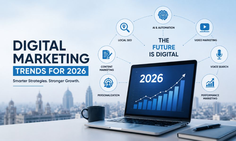 Digital Marketing trends in Ahmedabad businesses for 2026 featuring AI marketing, local SEO, video marketing, voice search optimization, and performance marketing strategies.